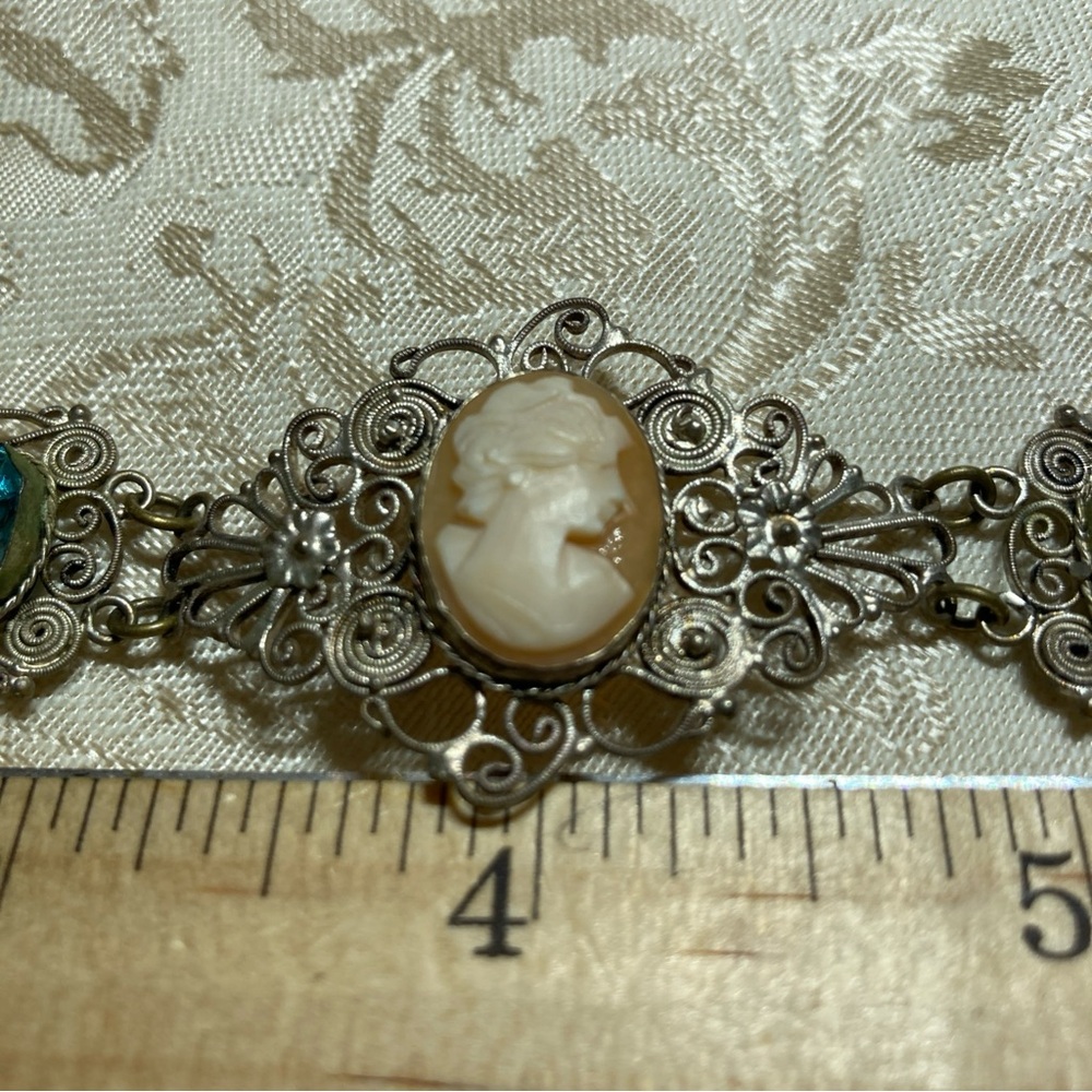 Vintage Silver and Blue Filigree Cameo Necklace & Bracelet set 1930’s - Picture 7 of 13